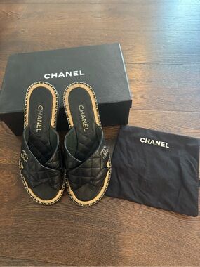 CHANEL Black Quilted Leather Espadrille Mules with Gold Chain Trim